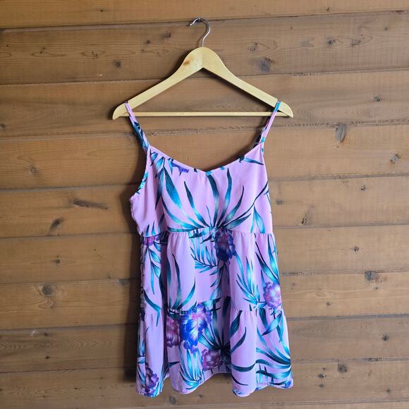 Show Me Your Mumu Caroline Mini Dress Pink Tropical Palm XS Tiered Flowy Boho - Picture 2 of 5